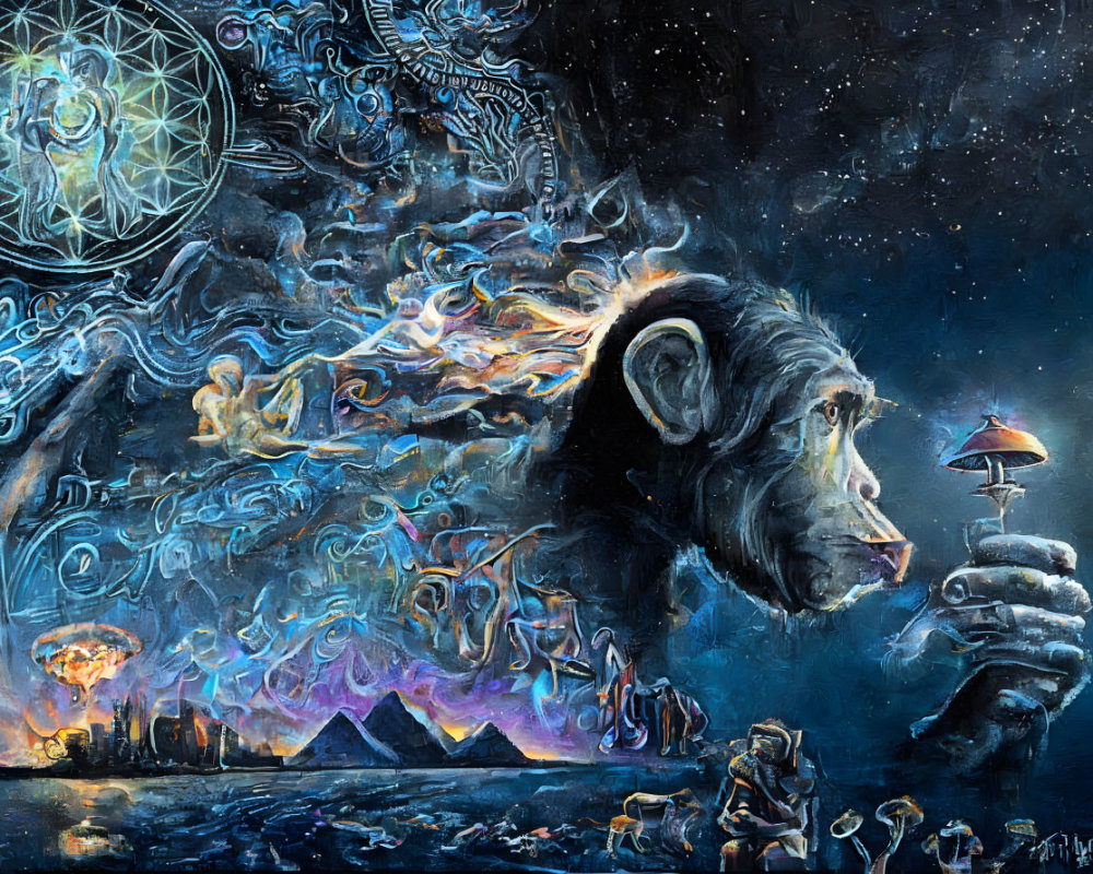 Colorful Chimpanzee Painting with Psychedelic Mushroom and Mystical Landscape