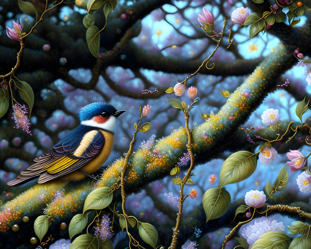 Colorful bird on mossy branch surrounded by pink blossoms and green leaves