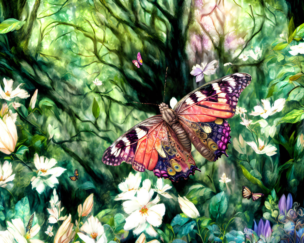 Colorful Butterfly Illustration Among White Flowers and Greenery