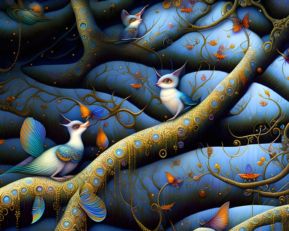 Surreal artwork: Stylized trees transform into peacock-like birds with golden details under star