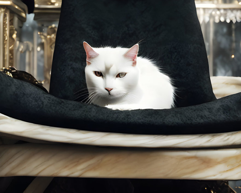 White Cat with Striking Eyes on Luxurious Black Velvet Chair