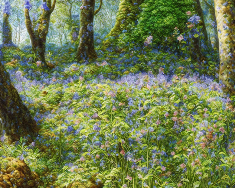 Detailed forest painting with sunlight, purple and yellow wildflowers, lush green foliage