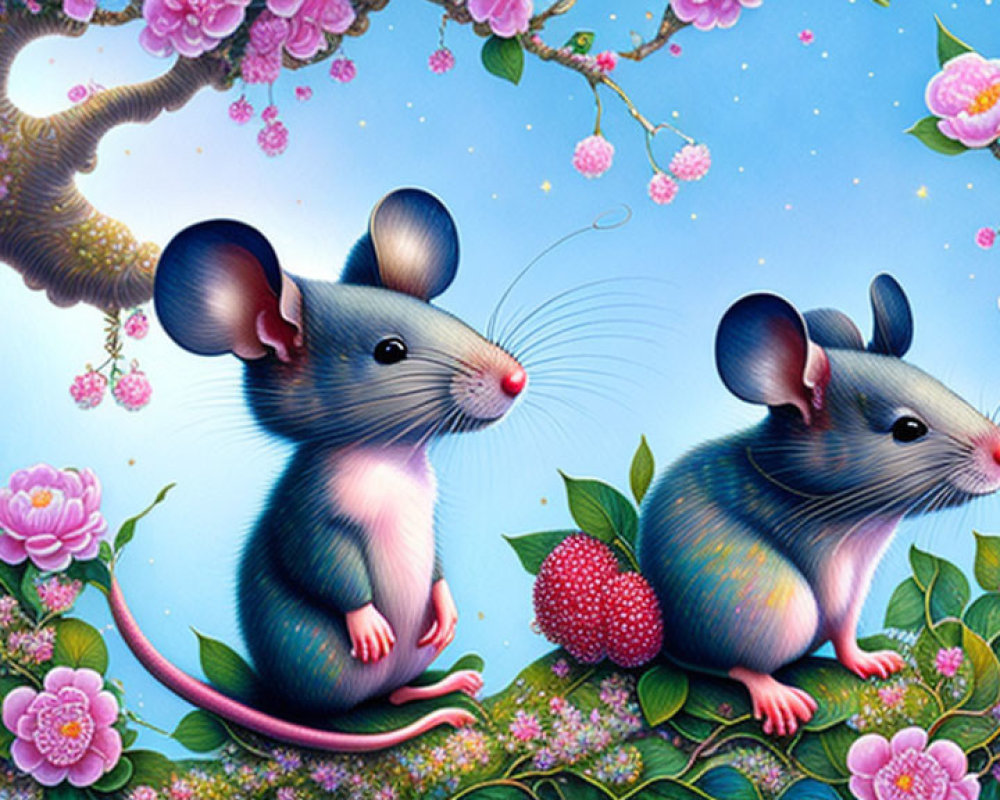 Cartoon mice with large ears in whimsical starlit scene