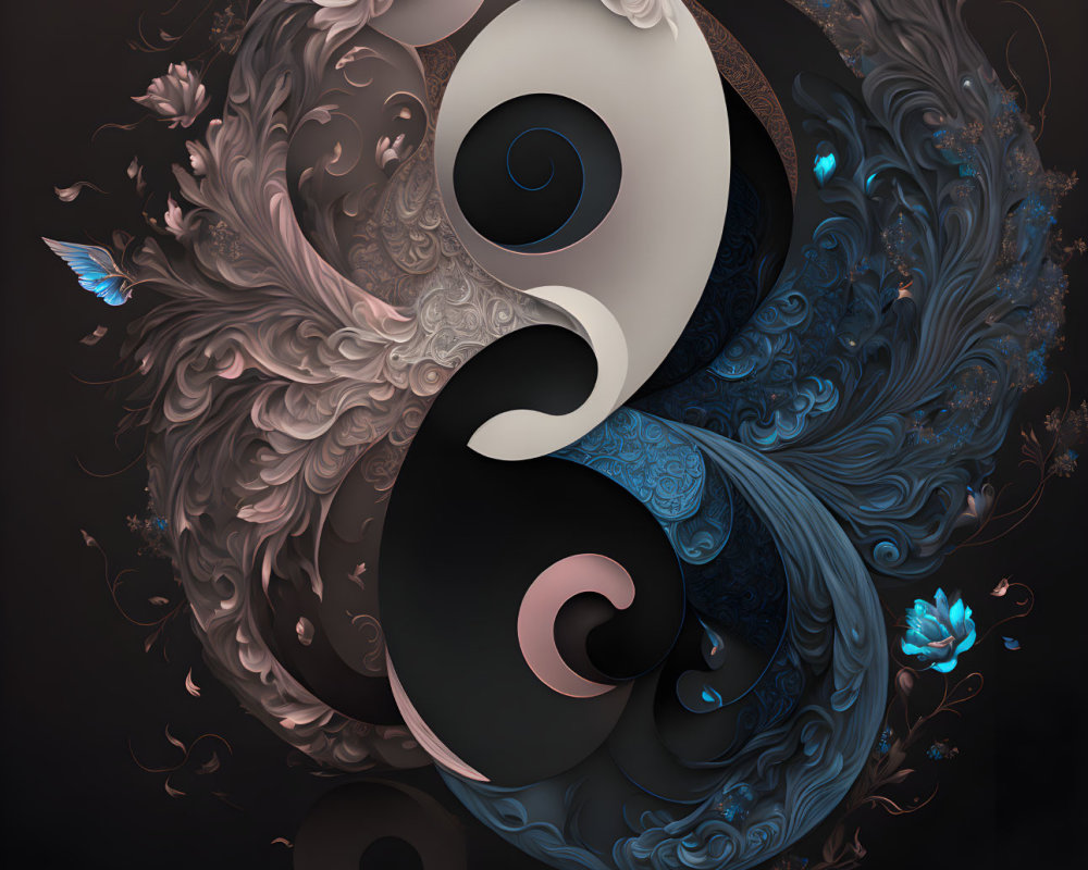 Yin and Yang symbol with floral patterns and butterflies on dark background