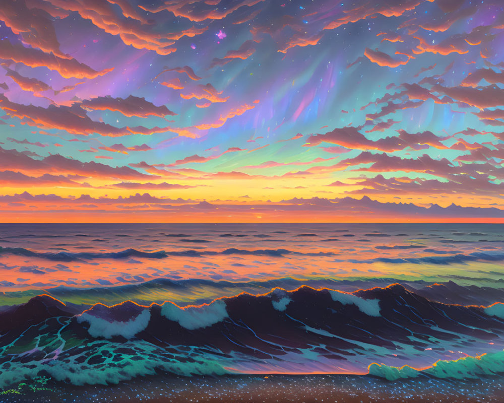 Colorful surreal seascape with glowing waves and vibrant sky at sunset