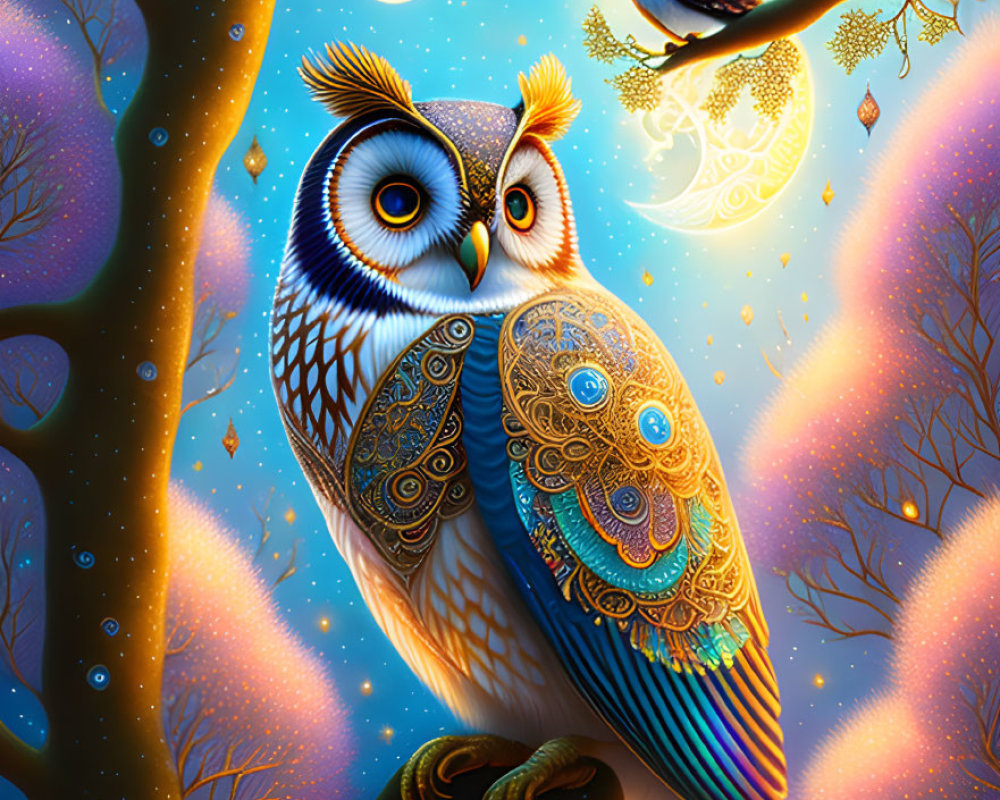 Colorful Owl Illustration Perched on Branch with Moon and Stars