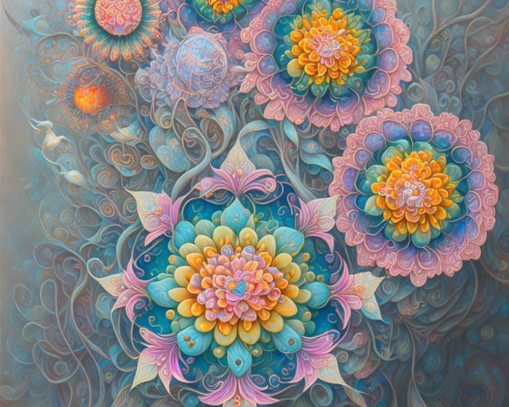 Colorful floral painting on mystical blue background with intricate patterns