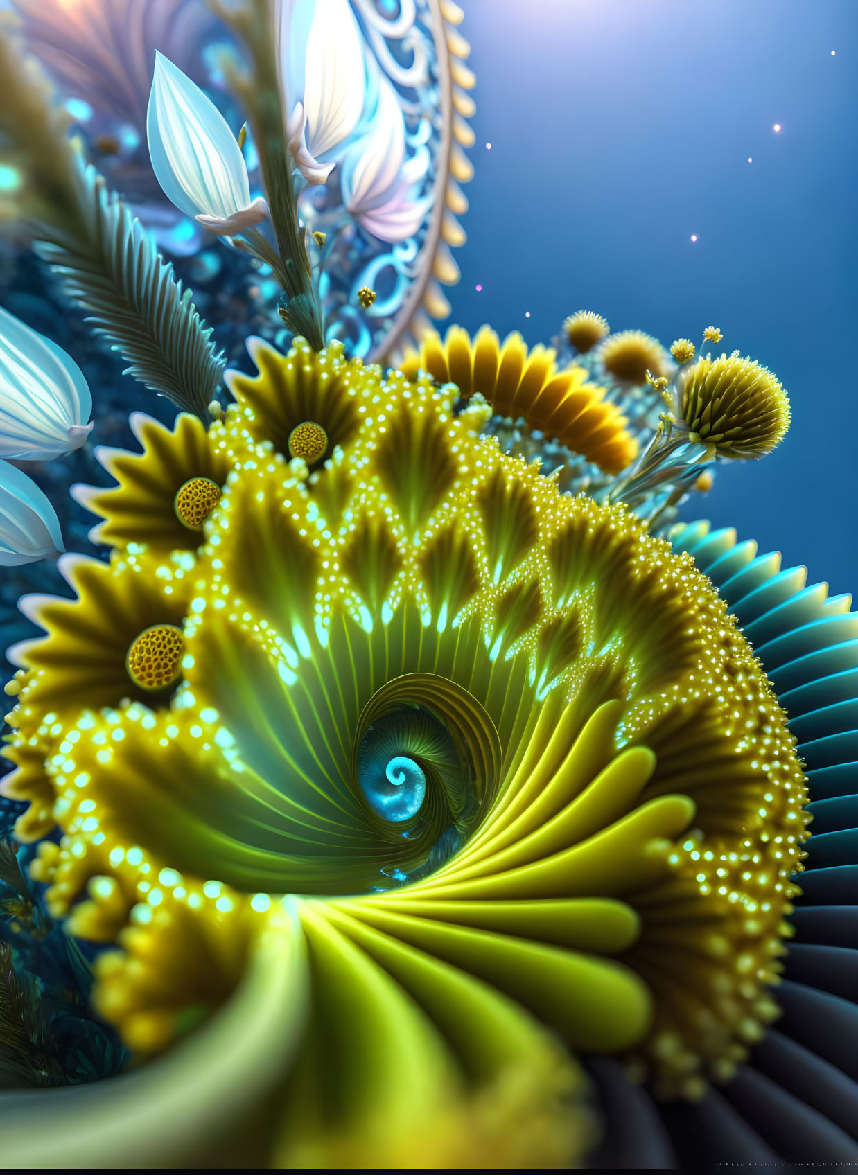 Vivid digital art: Spiral pattern with floral & feather designs in yellow, blue, & white glow