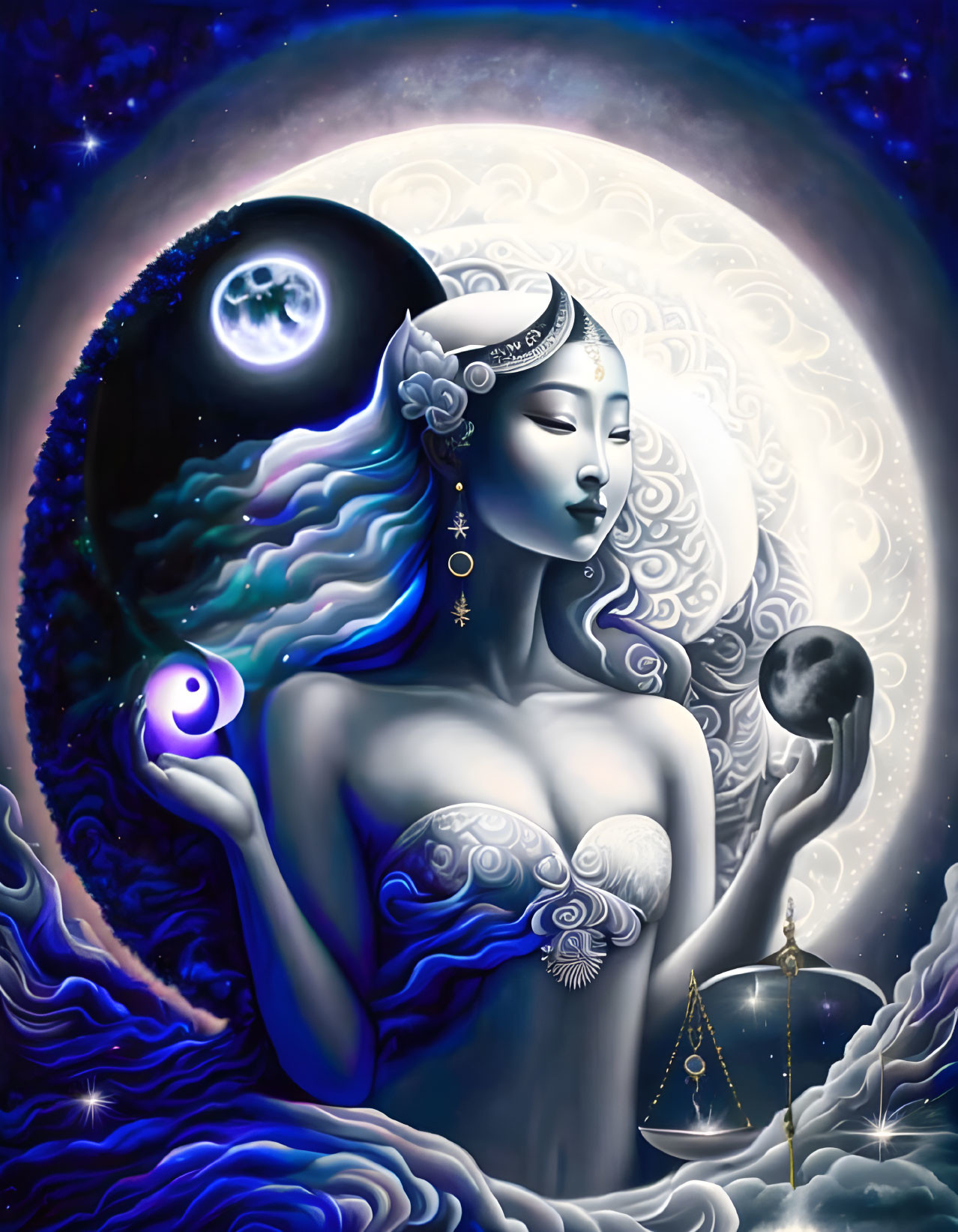 Ethereal zodiac Libra woman in cosmic setting