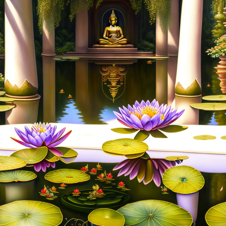 Buddha statue in serene pond with lotus flowers and ornate pillars