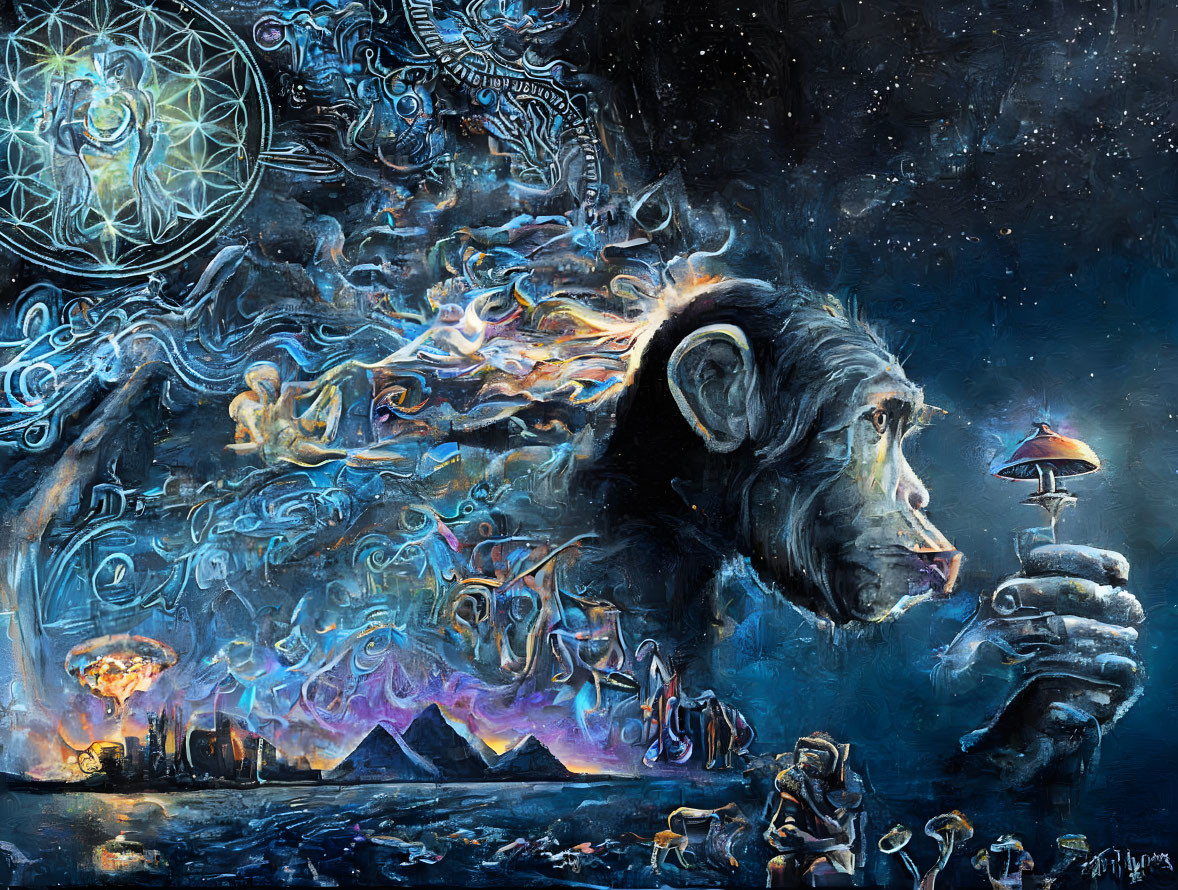 Colorful Chimpanzee Painting with Psychedelic Mushroom and Mystical Landscape