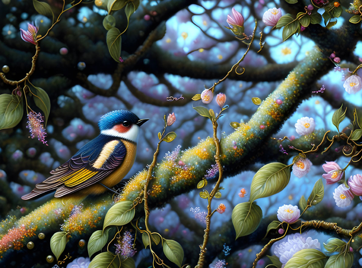 Colorful bird on mossy branch surrounded by pink blossoms and green leaves