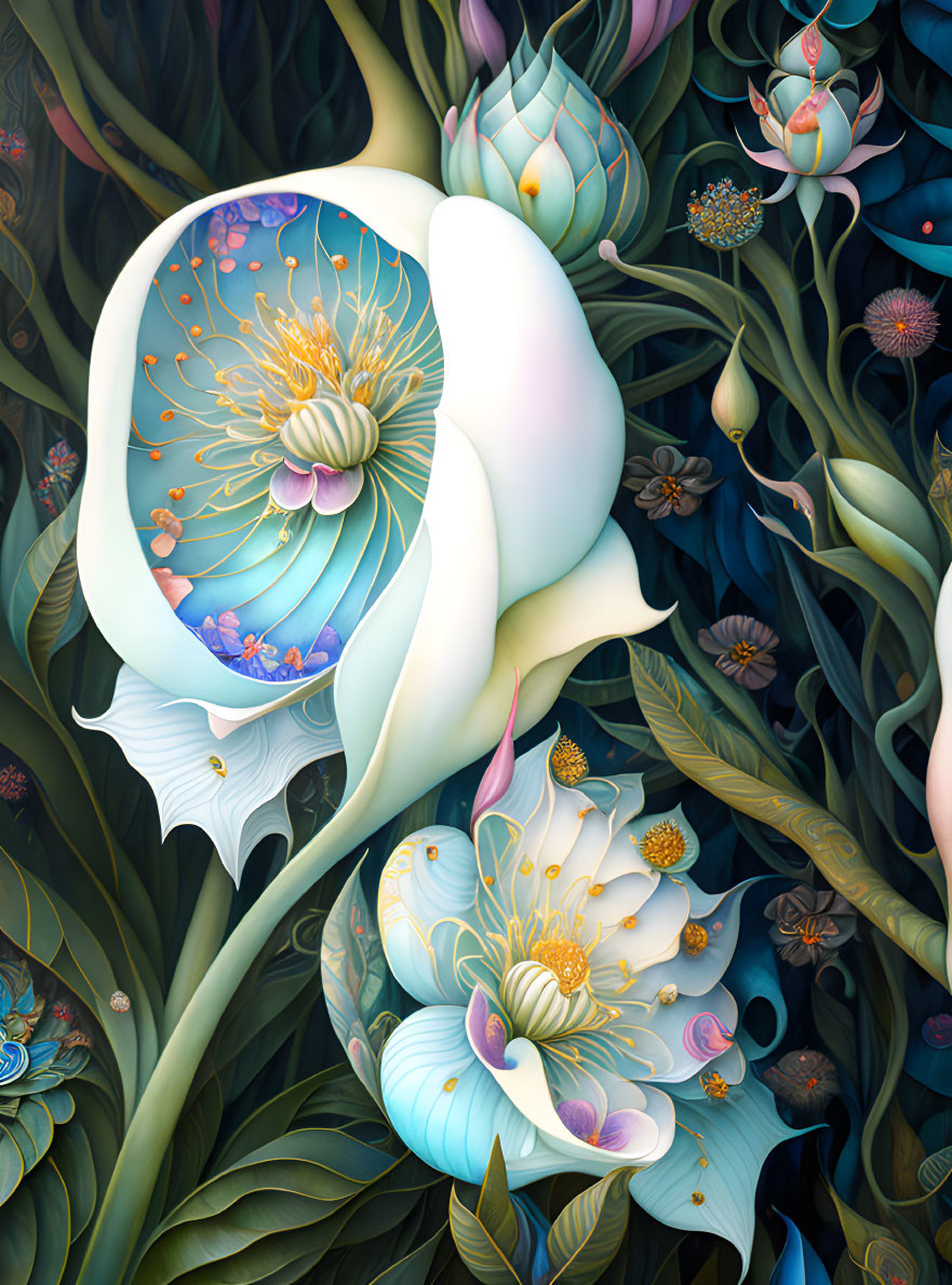 Detailed surreal blue and white flower illustration on dark leafy background