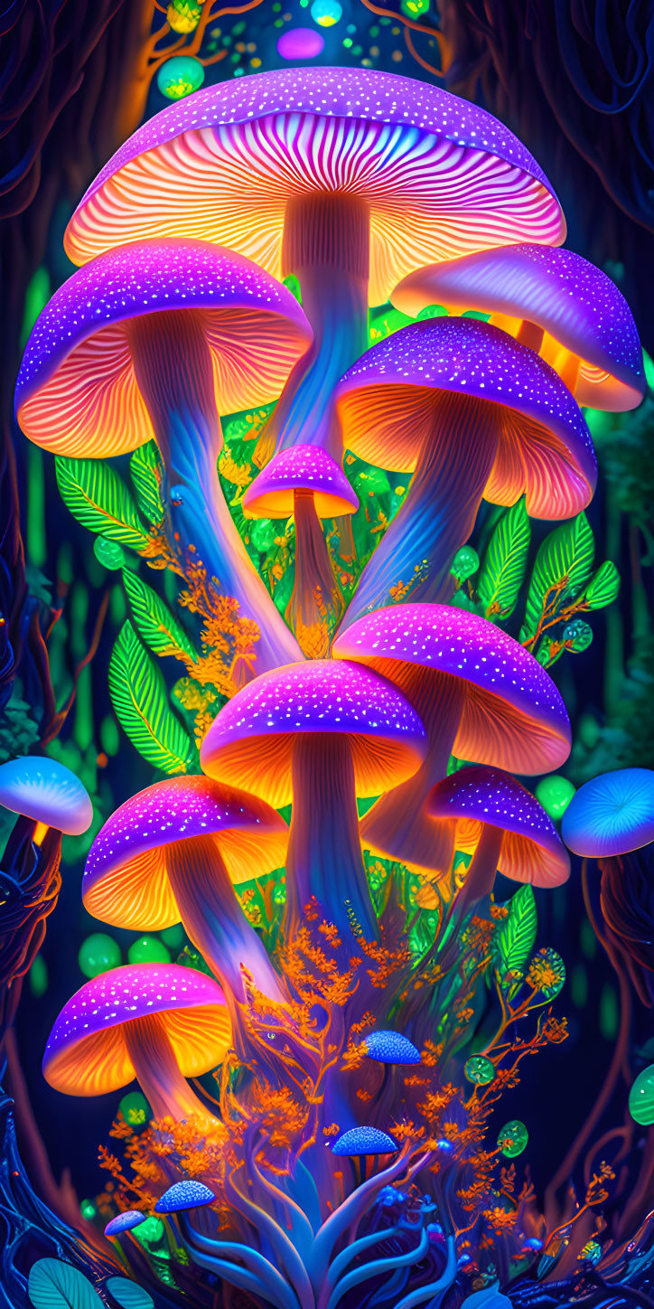 Colorful Bioluminescent Mushrooms in Neon Forest Scene