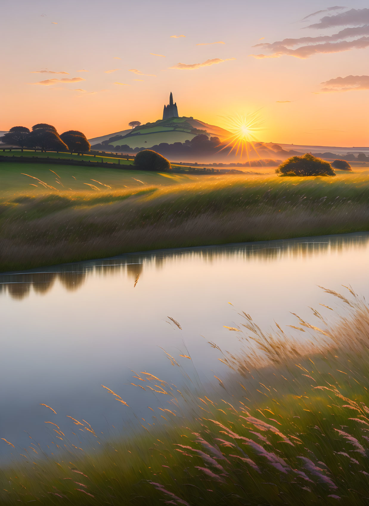 Serene sunrise over church on hill with reflective river