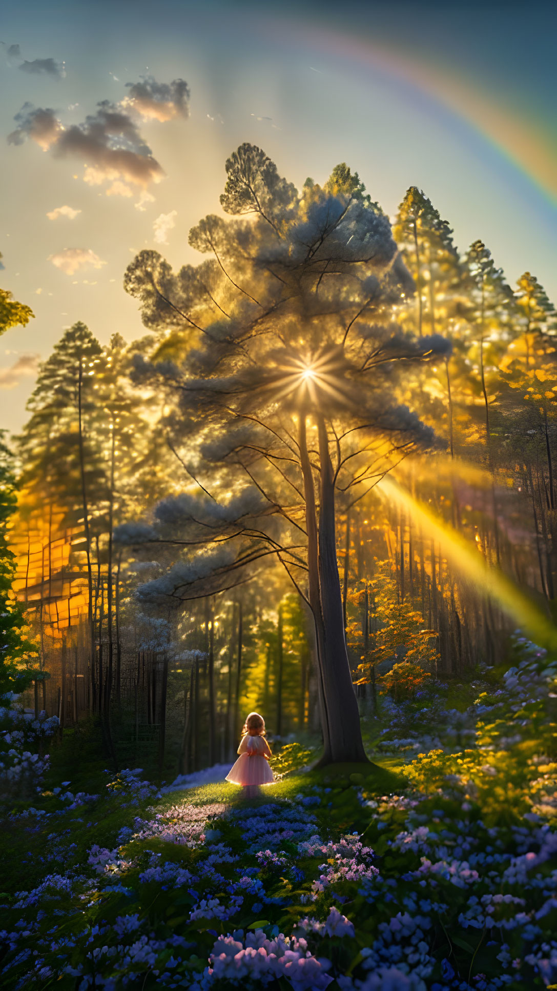 Child in Pink Dress Surrounded by Nature and Rainbow