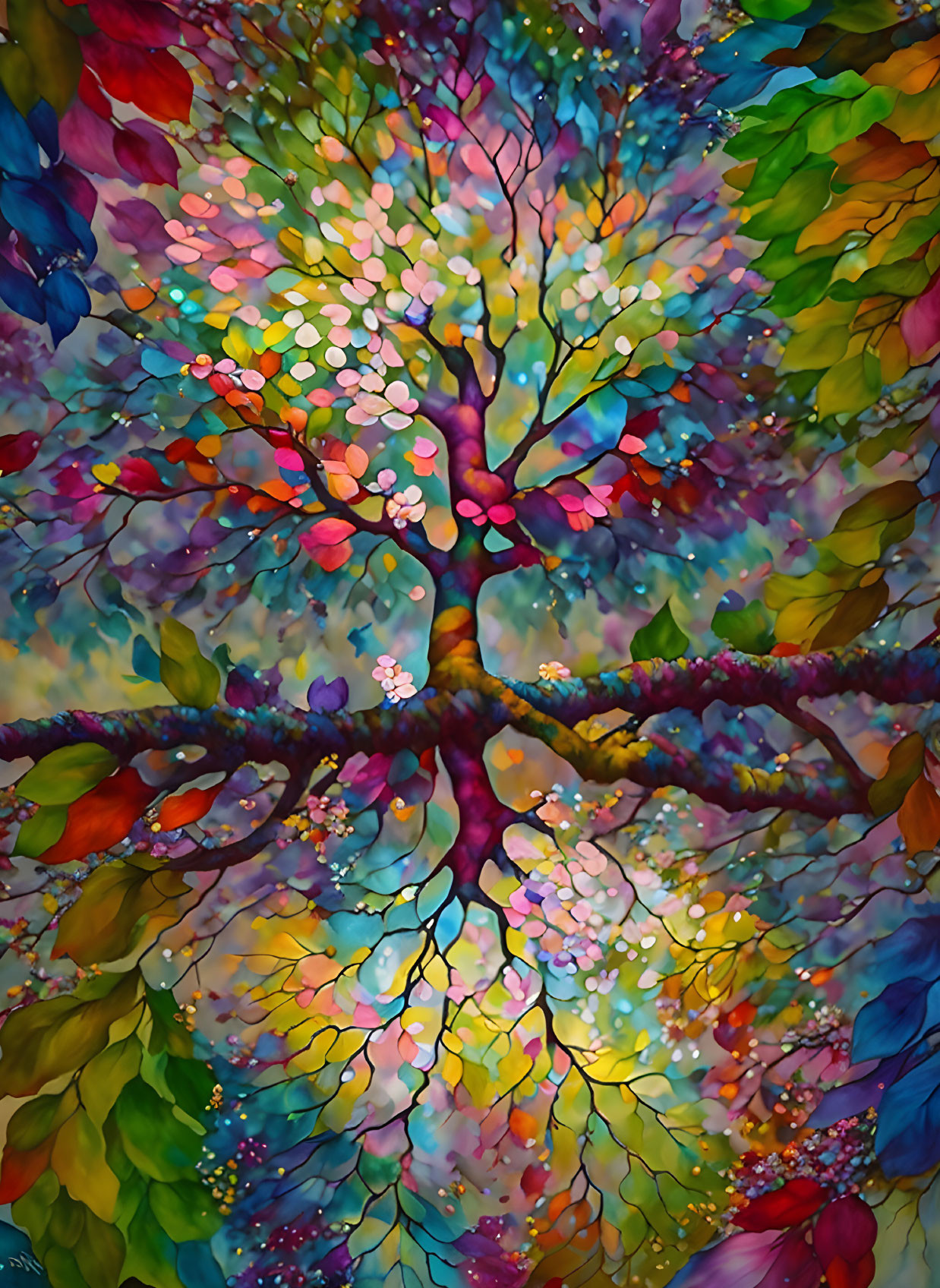 Colorful Tree Painting with Abstract, Kaleidoscopic Canopy