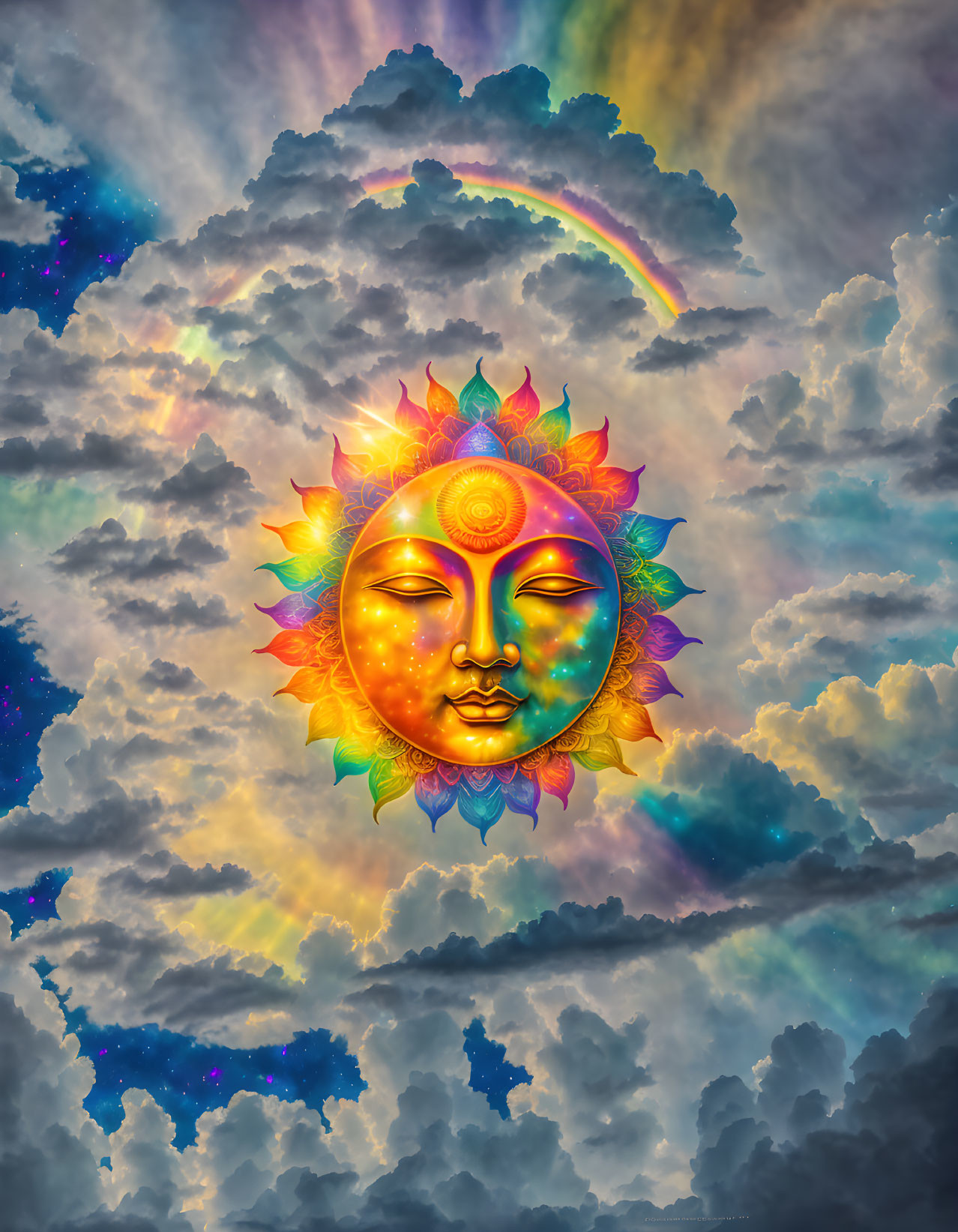 Colorful celestial sun face in serene expression among vibrant clouds.