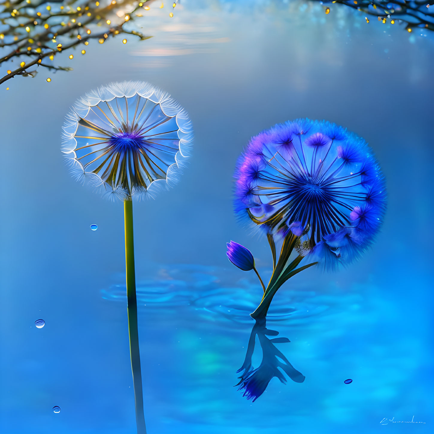 Ethereal dandelion heads with blue-violet gradient reflected in serene water.