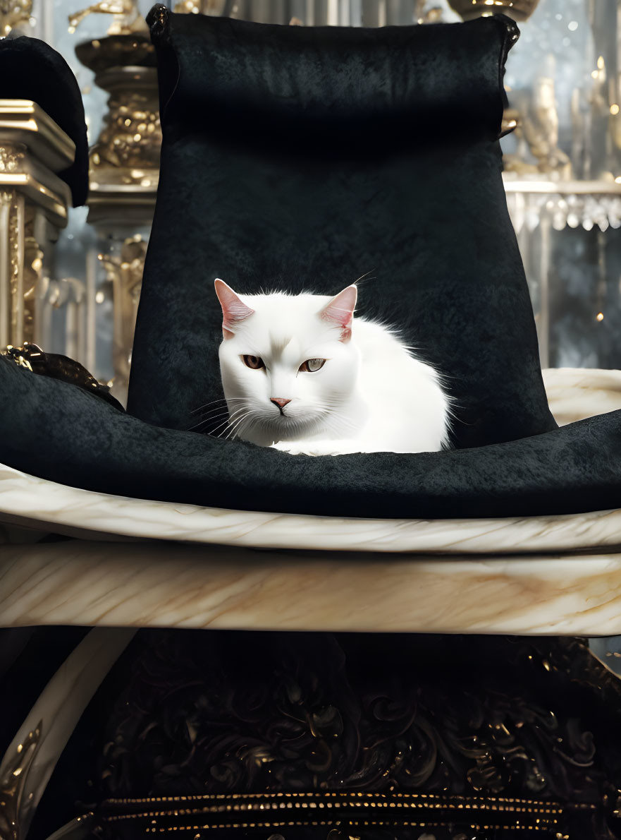 White Cat with Striking Eyes on Luxurious Black Velvet Chair