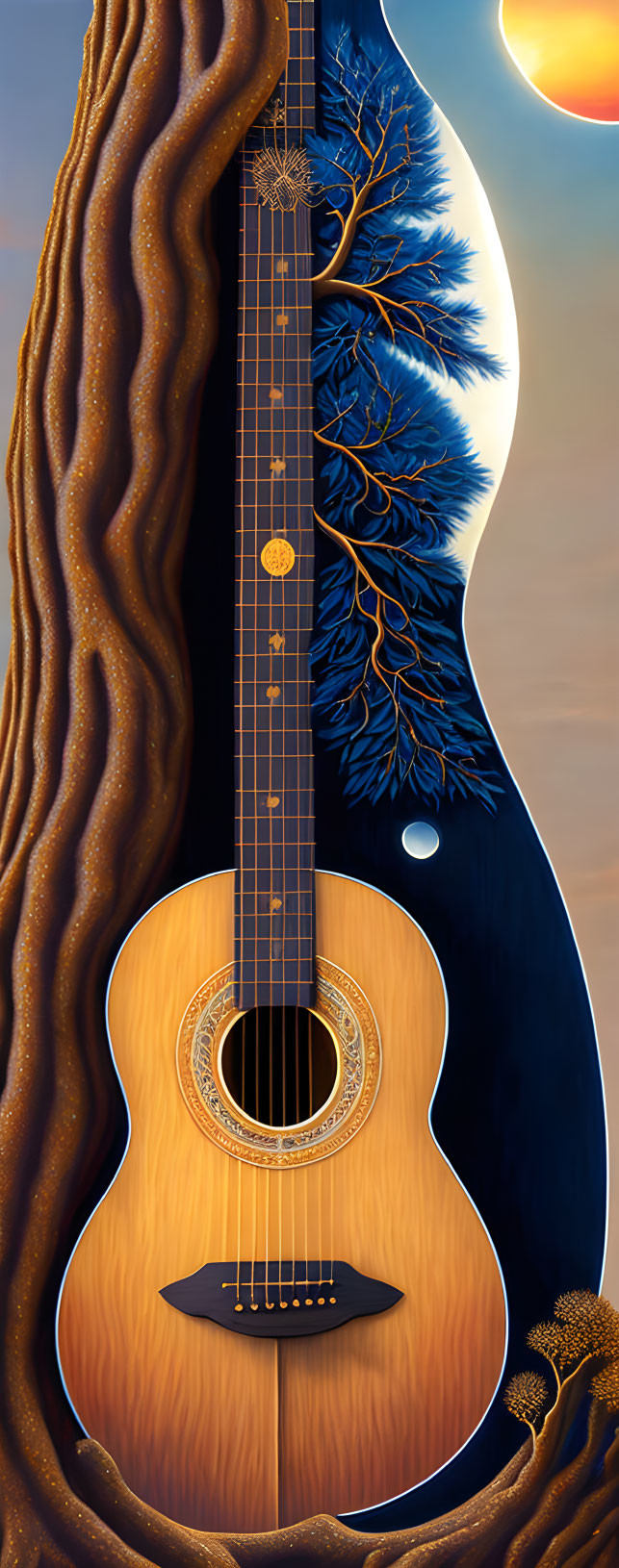 Surreal artwork: guitar merges with day-night landscapes