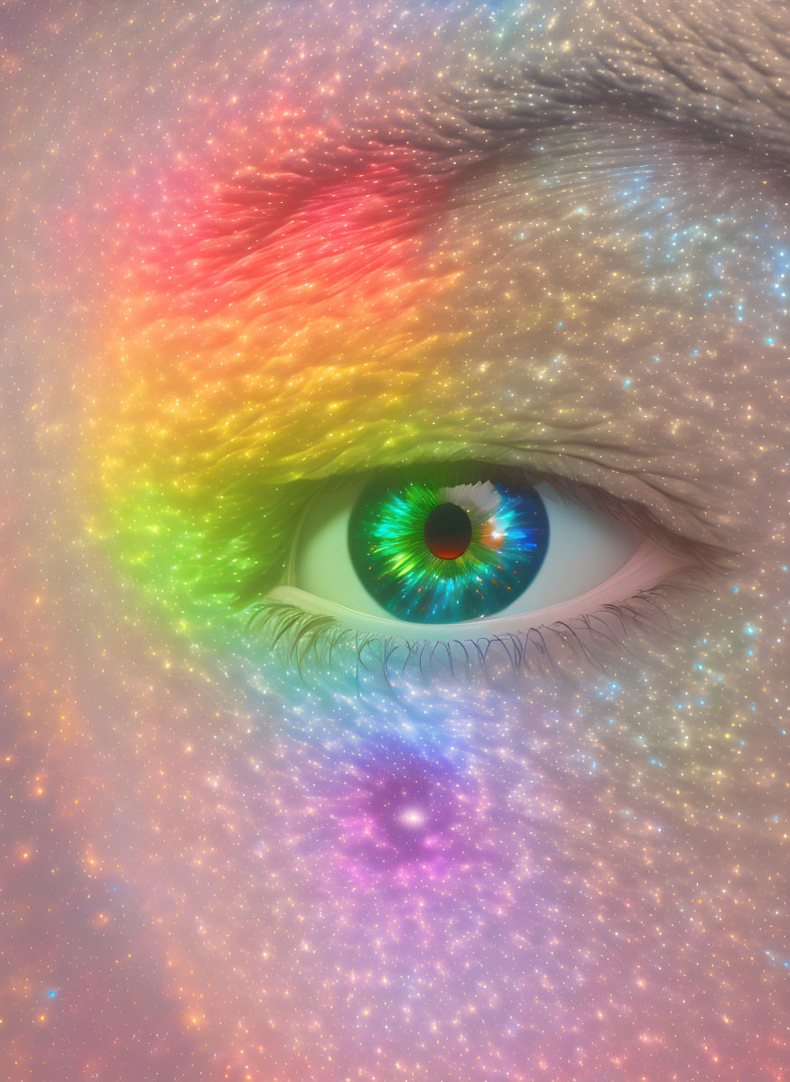 Close-up of human eye with rainbow nebula effect