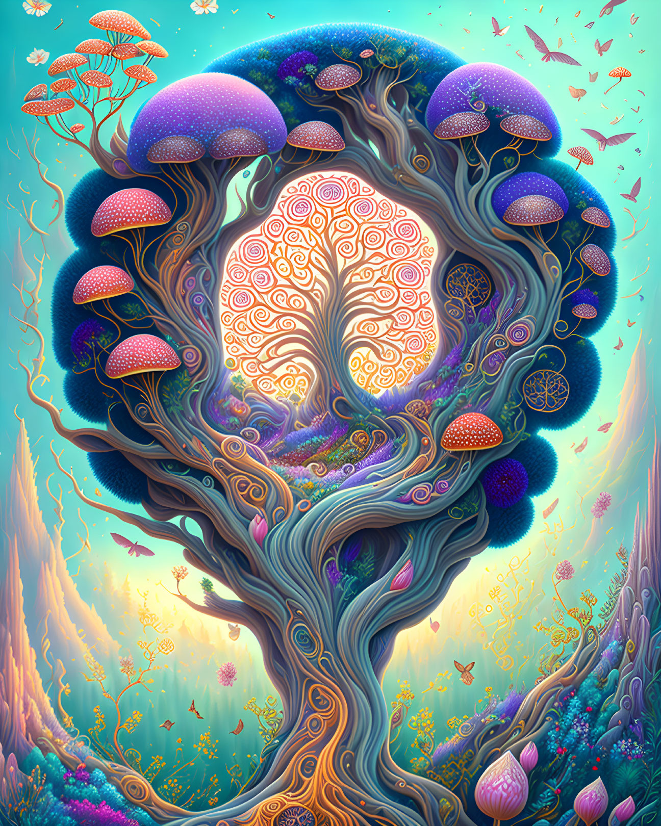 Colorful whimsical artwork: Tree with mushroom canopies and brain-shaped crown in fantastical forest.