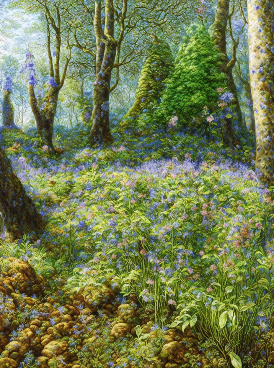 Detailed forest painting with sunlight, purple and yellow wildflowers, lush green foliage