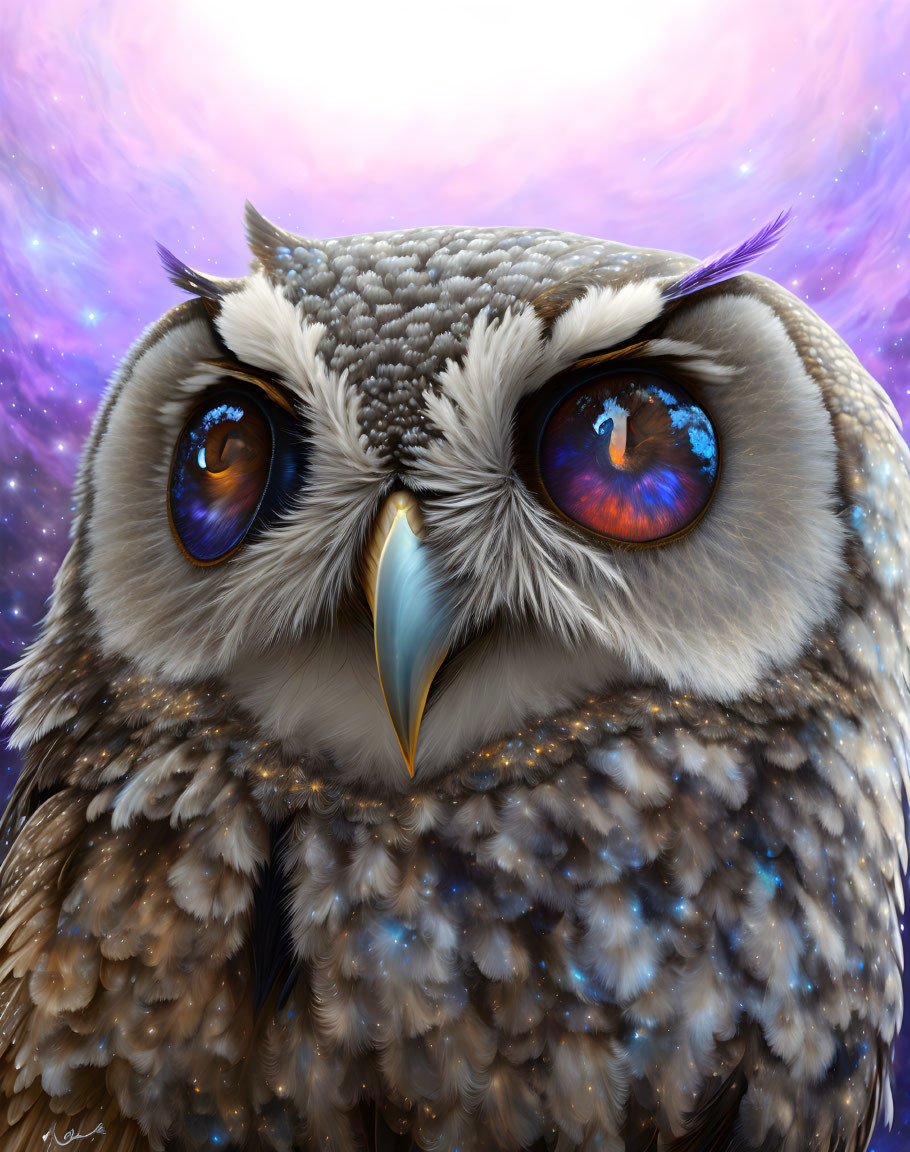 Detailed Owl Illustration with Galaxy Eyes on Cosmic Background