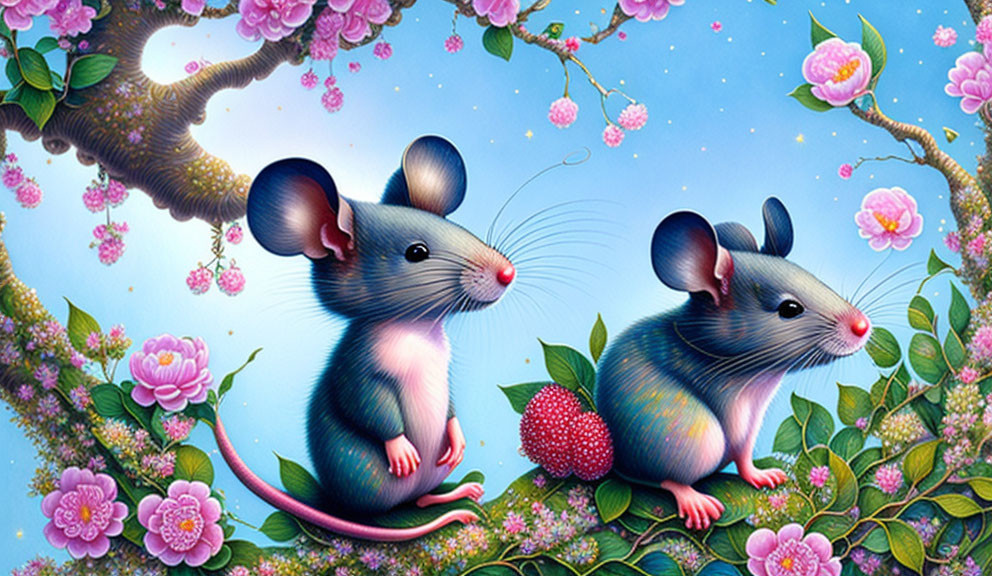 Cartoon mice with large ears in whimsical starlit scene