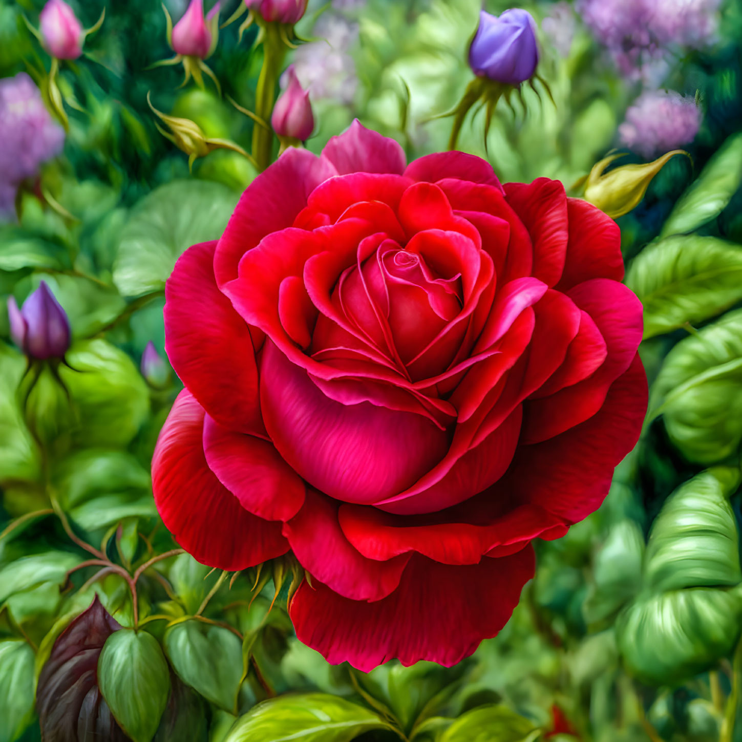 Vibrant red rose with multiple petals in full bloom on green leaf background