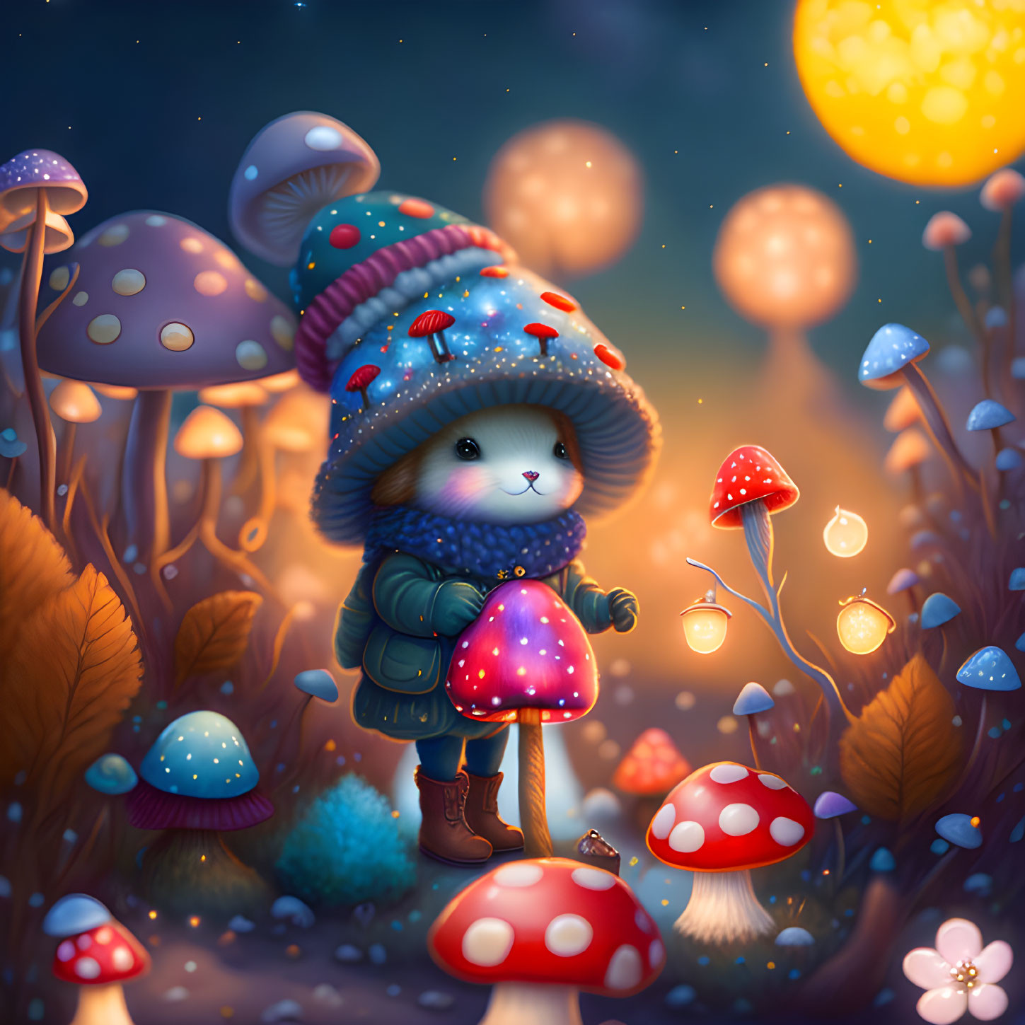 Illustration of mouse in coat with glowing mushroom in colorful forest