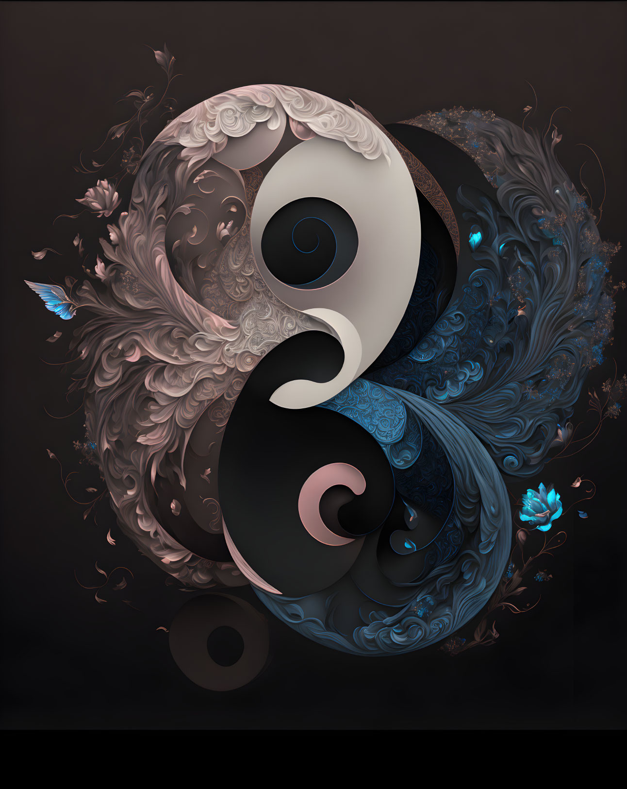 Yin and Yang symbol with floral patterns and butterflies on dark background