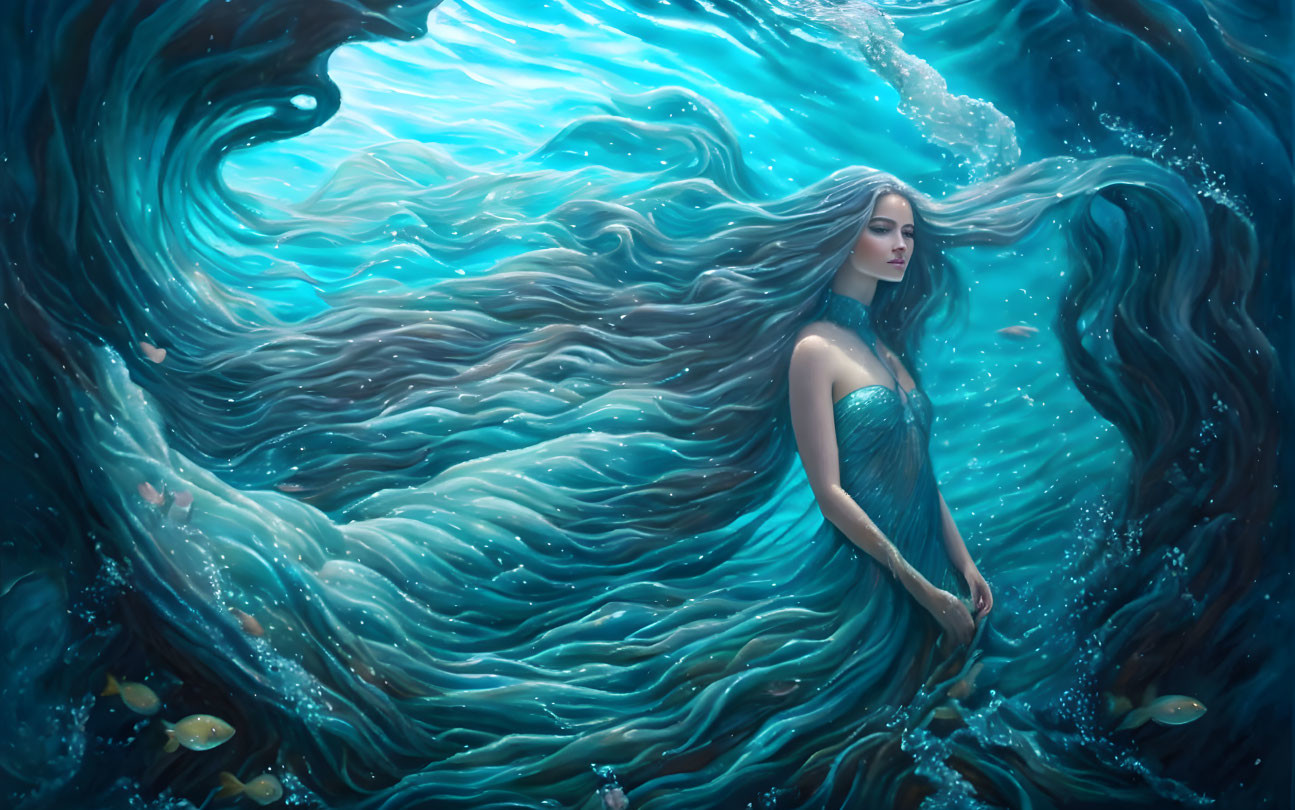 Mermaid with Long Flowing Hair in Swirling Ocean Currents