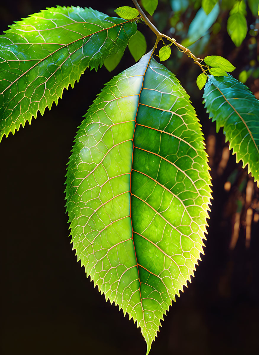 Detailed veins and textures of vibrant green leaves against a dark background