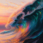 Colorful Digital Artwork: Curling Ocean Wave with Iridescent Sunset Sky