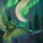 Vibrant cosmic owl with iridescent wings in starry galaxy setting