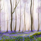 Enchanting forest scene with purple and blue flowers under sunlight