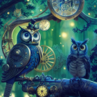 Steampunk-style mechanical owl next to a natural owl on tree in mystical starry background.