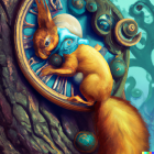 Vibrant squirrels with golden clocks and gears in lush green setting