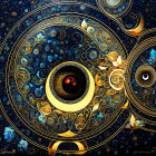 Intricate Circular Fractal Art in Blues, Golds, and Blacks