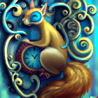 Golden squirrel illustration with blue eye markings and pocket watch