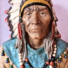 Native American figure in feather headdress and beadwork on pastel background