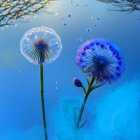 Ethereal dandelion heads with blue-violet gradient reflected in serene water.