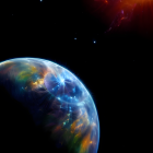 Colorful Earth from space with nebula-like patterns & lights