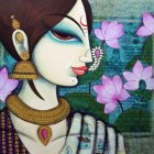 Detailed artwork of woman with stylized makeup, gold jewelry, pink lotus flowers, teal foliage