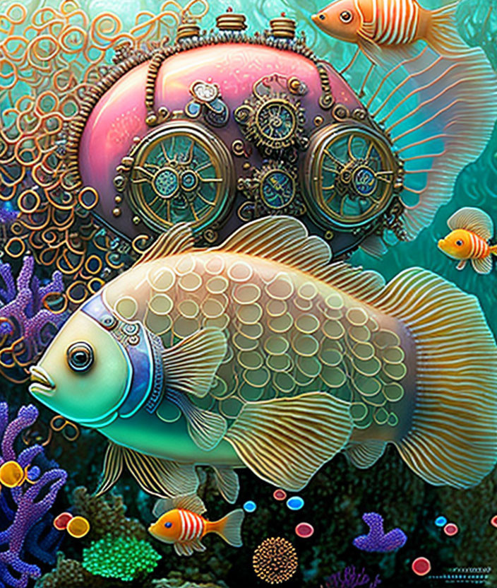 Vibrant steampunk-style mechanical fish in colorful underwater scene