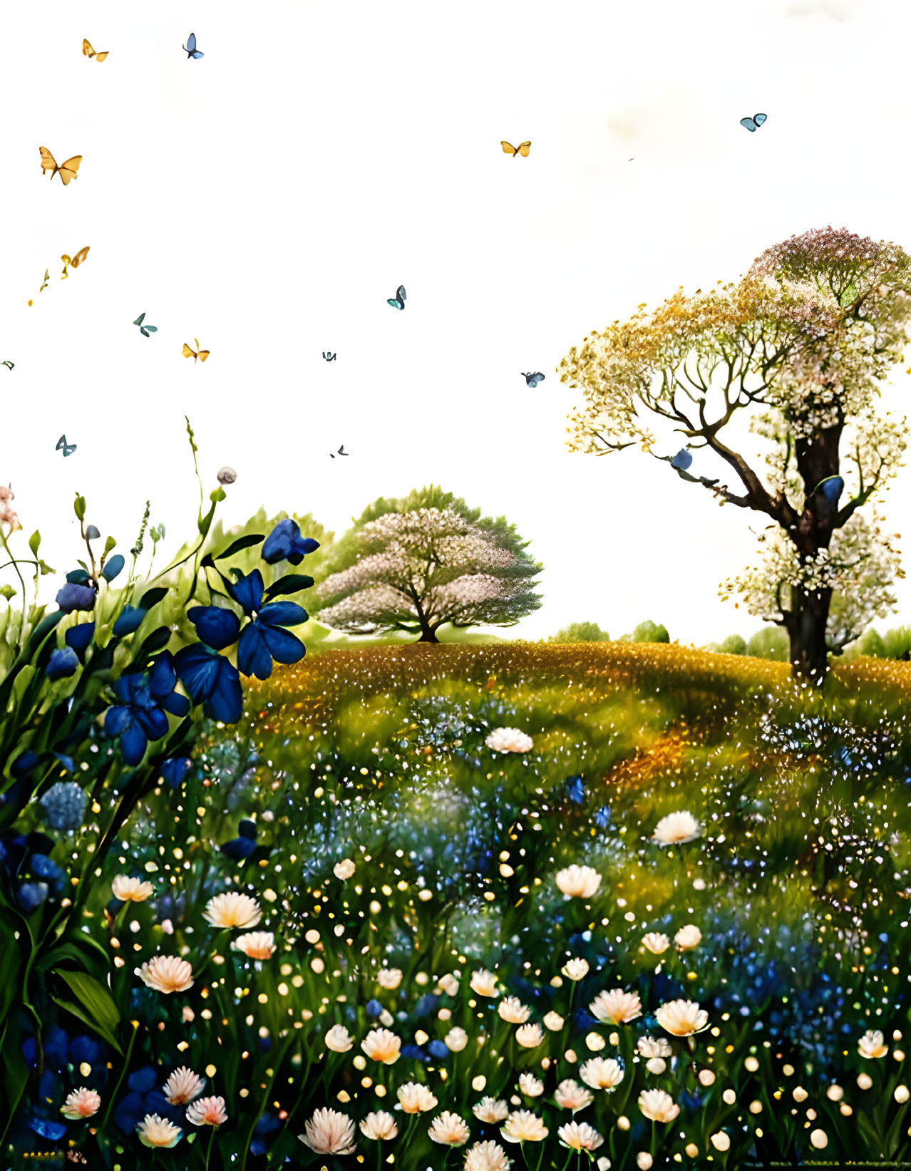 Colorful meadow illustration with flowers, butterflies, and blooming trees