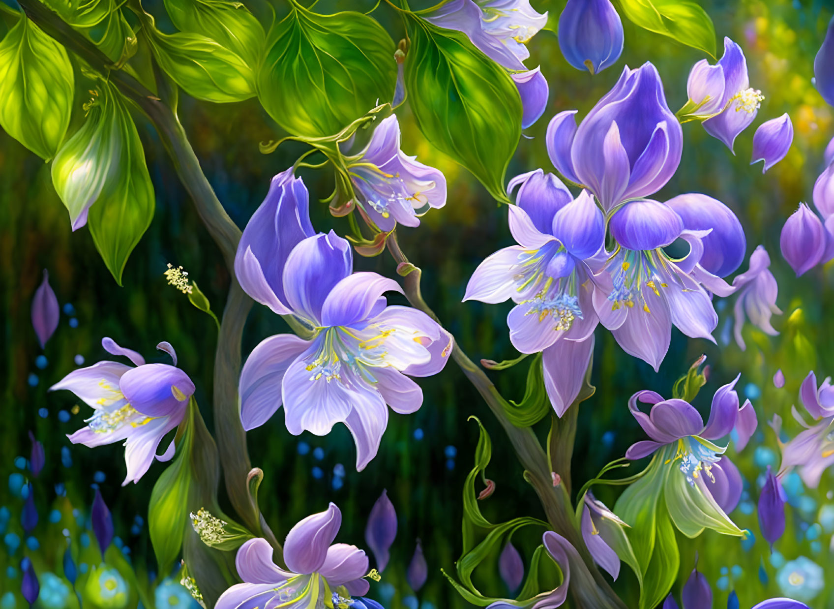 Colorful digital painting of purple-blue columbine flowers on bokeh background