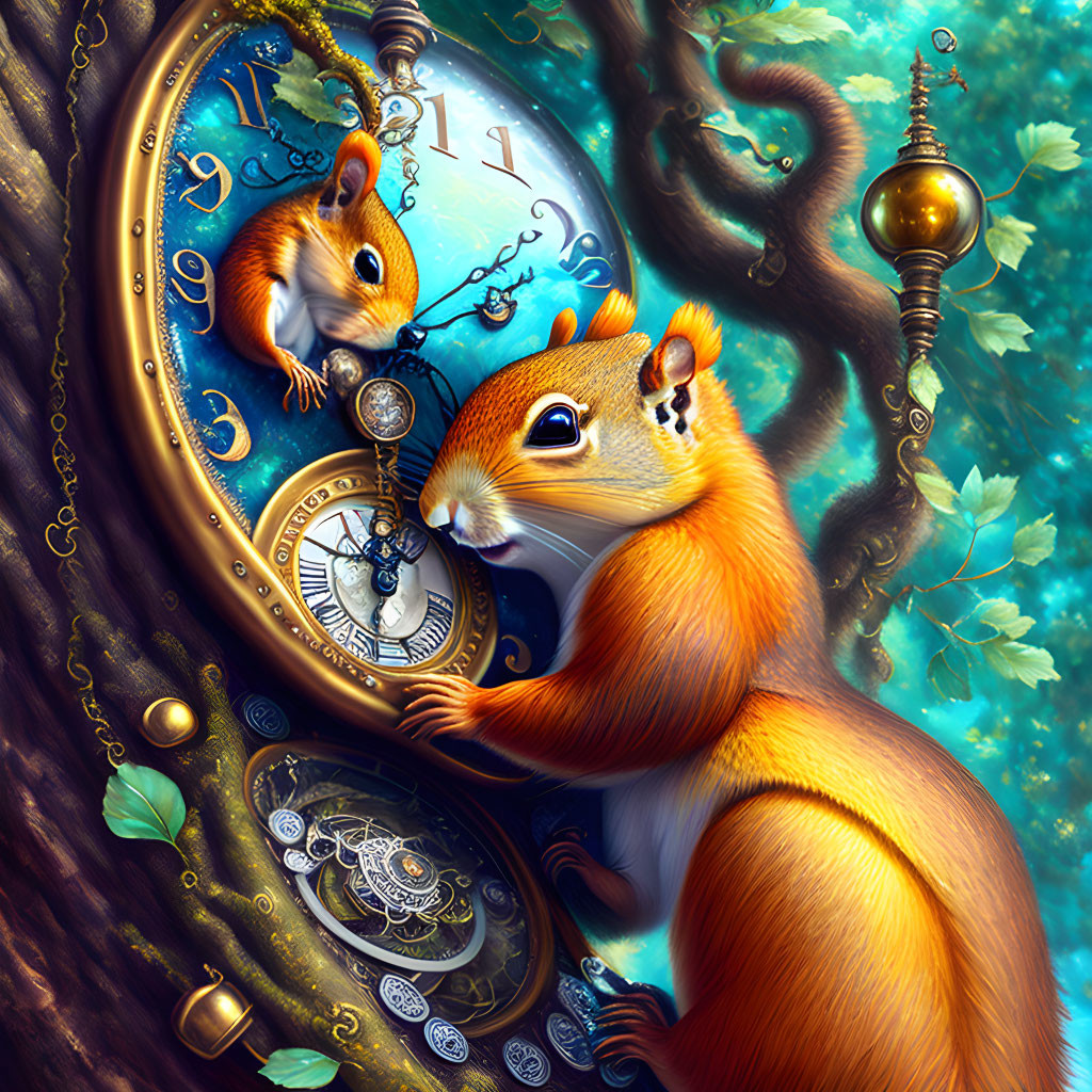 Vibrant squirrels with golden clocks and gears in lush green setting